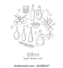 Olive sketch set with tree branch and oil bottle. Vintage illustration for design menus, recipes and packages product. Isolated  Vector illustration.