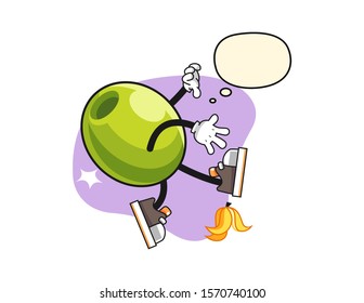 Olive slip on banana peel with thought bubble cartoon. Mascot Character vector.