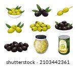 Olive snacks. Heap of black olives on skewer and canned pickled olives in jar. Green olives with leaves on plate. Vector illustration.