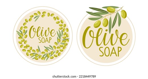 Etikett für Olivenseife mit einer Skizze für Olivenzweige. Circle-Tag, Briefmarken, Tags für Olivenöl, Seife, Kosmetik, Spa-Salon. Olive Branch Vector Flach Illustration für hausgemachte Bio-Produkte Shop