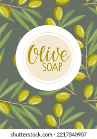 Olive soap Packaging. Background and stickers for natural organic soap with Olive Branch and leaves and Fruit. Vector flat Illustration for home made natural organic product shop in rustic style
