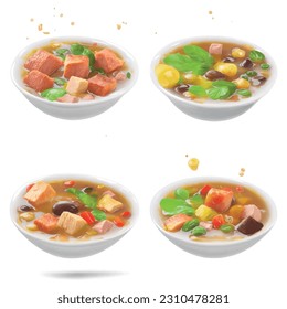 Olive soup with meat cubes and chicken broth realistic 3d vector graphic isolated white background