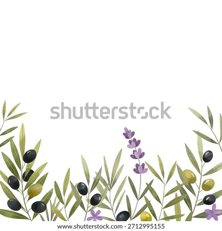 Olive square frame. Watercolor mediterranean herbs and lavender. Botanical border with empty text area.