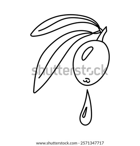 An olive squeezes out a drop of olive oil. An isolated illustration. Squeeze olive oil from a whole olive with leaves. An environmentally friendly cooking product. The symbol of a natural product