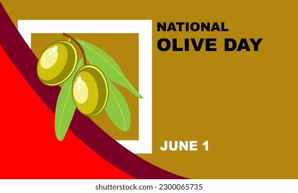 olive stems, leaves and fruit in a white frame line box and brown background  commemorating National Olive Day on June 1