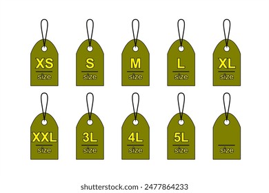 Olive sticker clothes size labels. XS, S, M, L, XL, XXL, 3L, 4L, 5L, and blank label tag on white and transparent background. Icon set editable vector illustration