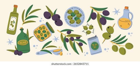 Olive stickers set in retro cartoon style. Mediterranean food elements: olive oil bottles, branches with fruits, canned black and green olives. Illustration in funky, doodle style, trendy shapes