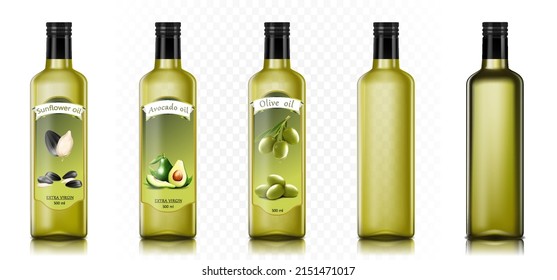 Olive, sunflower and avocado oils glass bottle mockup. Extra virgin oil jar. Food cooking product, organic vegetarian diet. Vegetable oil brand jar with black cork. Realistic 3d vector