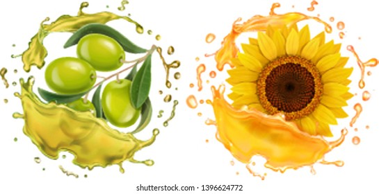 Olive and sunflower in oil realistic splashes