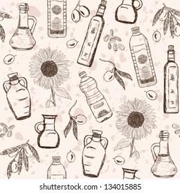 Olive and sunflower oils doodles on seamless pattern