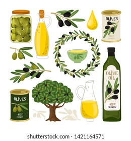 Olive symbols vector illustration. Olives in metallic can and olive oil bottle for cooking, bottles and bowl, wreath and olive tree isolated on white background