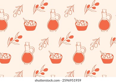 Olive theme pattern hand drawn olive oil, olive bowl and olive branch design in doodle style