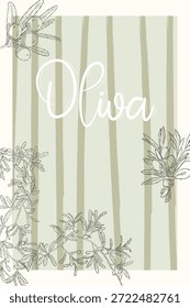 Cartel con motivos olivares con ramas y letras dibujadas a mano en estilo rústico mediterráneo