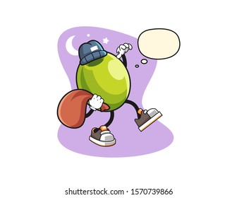 Olive thief with thought bubble cartoon. Mascot Character vector.
