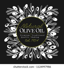 Olive tree banner template. Vector vintage illustration on chalk board. Hand drawn engraved style frame. Design for olive oil, olive packaging, natural cosmetics, health care products.