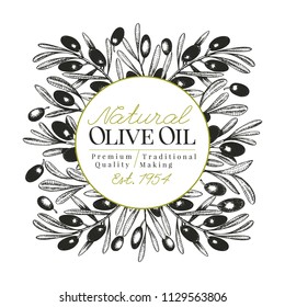 Olive tree banner template. Vector vintage illustration. Hand drawn engraved style frame. Design for olive oil, olive packaging, natural cosmetics, health care products. Retro style image.