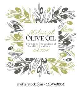 Plantilla de banner de árbol de oliva. Ilustración vectorial retro. Marco de estilo grabado a mano. Diseño de aceite de oliva, embalajes de aceitunas, cosméticos naturales, productos sanitarios. Imagen de estilo vintage.