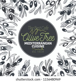 Olive tree banner template. Vector vintage illustration. Hand drawn engraved style frame. Design for olive oil, olive packaging, natural cosmetics, health care products. Retro style image.