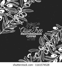 Olive tree banner template. Vector vintage illustration. Hand drawn engraved style background. Design for olive oil, olive packaging, natural cosmetics, health care products. Retro style image.