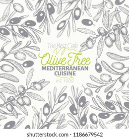 Plantilla de banner de árbol de oliva. Ilustración vectorial. Marco de estilo grabado a mano. Diseño de aceite de oliva, embalajes de aceitunas, cosméticos naturales, productos sanitarios. Imagen de estilo retro.