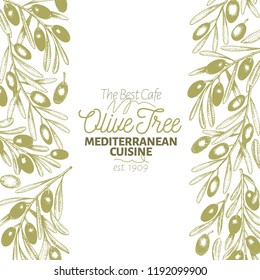 Olive tree banner template. Vector retro illustration. Hand drawn engraved style background. Design for olive oil, olive packaging, natural cosmetics, health care products. Vintage style image.