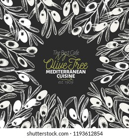 Olive tree banner template. Vector retro illustration on chalk board. Hand drawn engraved style frame. Design for olive oil, olive packaging, natural cosmetics, health care products. 