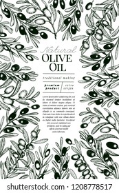 Olive tree banner template. Vector retro illustration. Hand drawn engraved style frame. Design for olive oil, olive packaging, natural cosmetics, health care products. Vintage style image.