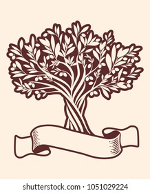 Olive tree and blank text banner. Extra virgin olive oil symbol. Symbol of culture and Mediterranean food.