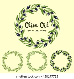 Olive tree branch with black & green olives wreath set vector illustration. Round banner design for food product package labeling & decoration. Floral frame template. Layered, editable design