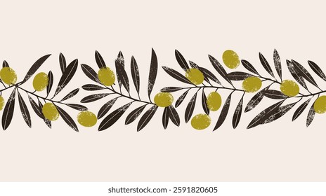 Olive tree branch border design. Olive berries and leaves seamless illustration