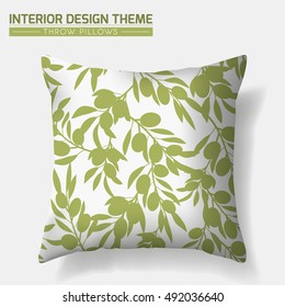 Olive Tree Branch Decorative Throw Pillow design template. Original seamless pattern is complete, masked. Modern interior design element. Vector design is layered, editable