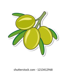 Olive tree branch flat icon. Sticker isolated on white background. Vector illustration.