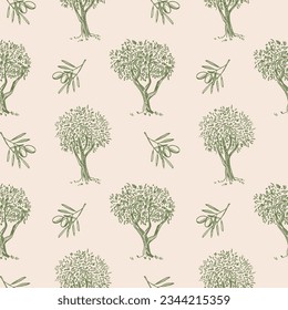 Olive tree and branch with olive fruits seamless pattern. Repeating background vector illustration. Olive oil production, harvest, healthy food. For print, template, label, logo, textile, wallpaper