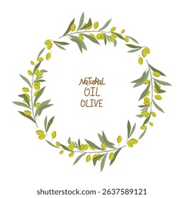  Olive tree branch. Green branches with fruit. Mediterranean vegetables, vegan diet, food, organic cosmetics, vegetable oil. Flat design isolated on white background. Handwritten lettering.