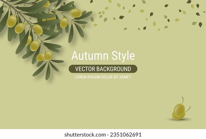 Olive tree branch with leaves and ripe fruits vector illustration. Design for banner, flyer, promo poster, discount card