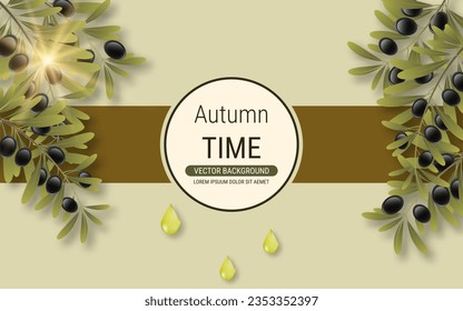 Olive tree branch with leaves and ripe fruits vector illustration. Design for banner, flyer, promo poster, discount card