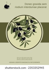 Olive tree branch with leaves and ripe fruits vector illustration. Design for banner, flyer, promo poster, discount card