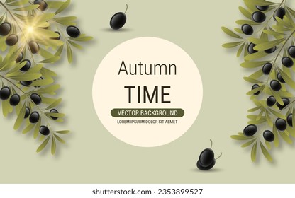 Olive tree branch with leaves and ripe fruits vector illustration. Design for banner, flyer, promo poster, discount card