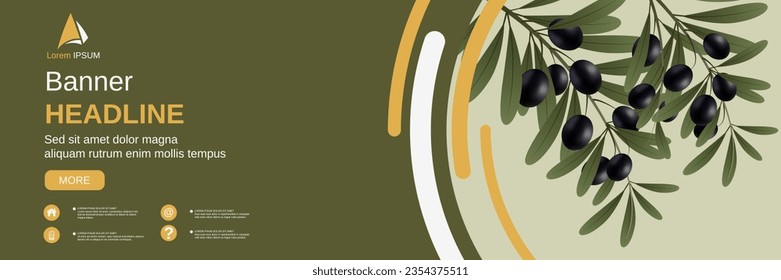 Olive tree branch with leaves and ripe fruits vector illustration. Design for banner, flyer, promo poster, discount card