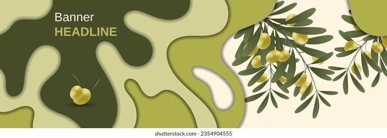Olive tree branch with leaves and ripe fruits vector illustration. Design for banner, flyer, promo poster, discount card