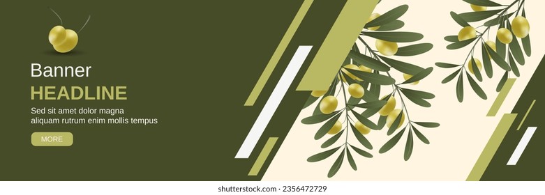 Olive tree branch with leaves and ripe fruits vector illustration. Design for banner, flyer, promo poster, discount card