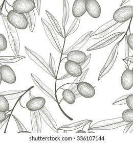 Olive tree branch with olives isolated sketch over white background Retro olive branch engraving seamless pattern Vector illustration Food ingredient texture