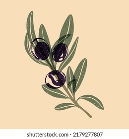 Olive tree branch with olives. Vector illustration with Riso print effect