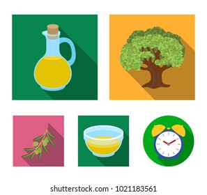 An olive tree, a branch with olives, a vessel and a jug of oil. Olives set collection icons in flat style vector symbol stock illustration web.