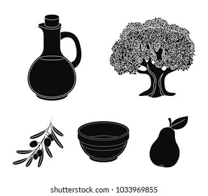 An olive tree, a branch with olives, a vessel and a jug of oil. Olives set collection icons in black style vector symbol stock illustration web.