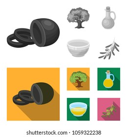 An olive tree, a branch with olives, a vessel and a jug of oil. Olives set collection icons in monochrome,flat style vector symbol stock illustration web.