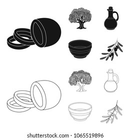 An olive tree, a branch with olives, a vessel and a jug of oil. Olives set collection icons in black,outline style vector symbol stock illustration web.