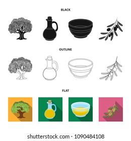 An olive tree, a branch with olives, a vessel and a jug of oil. Olives set collection icons in black,flat,outline style vector symbol stock illustration web.