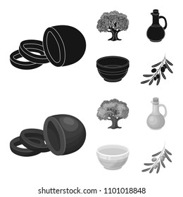 An olive tree, a branch with olives, a vessel and a jug of oil. Olives set collection icons in black,monochrom style vector symbol stock illustration web.