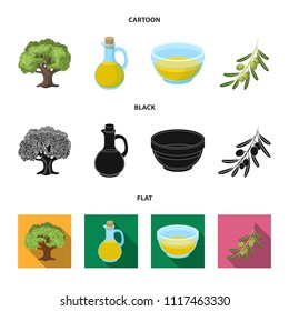 An olive tree, a branch with olives, a vessel and a jug of oil. Olives set collection icons in cartoon,black,flat style vector symbol stock illustration web.